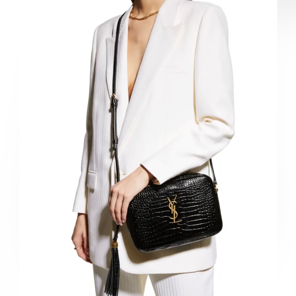 Saint Laurent Lou Croc Embossed Black Leather Bag with Dust Bag - Picture 1 of 9